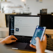 person using phone and laptop