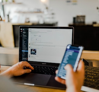 person using phone and laptop