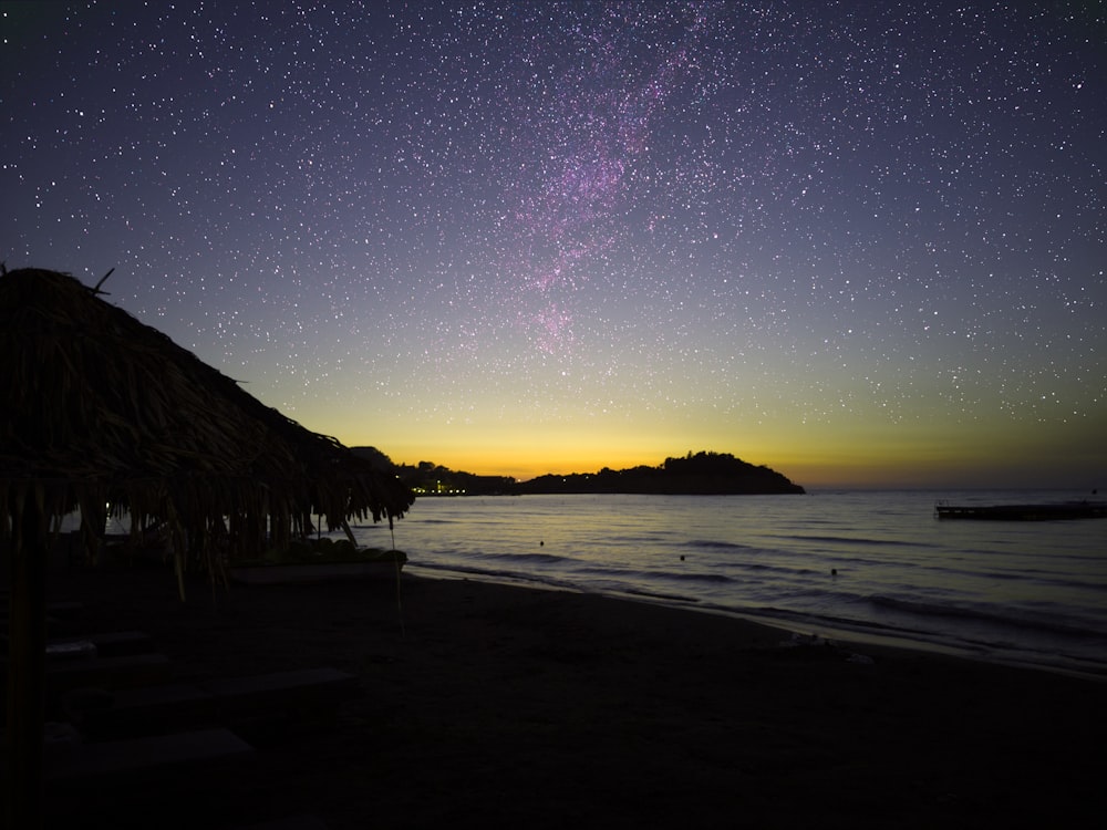 silhouette of hut on shore