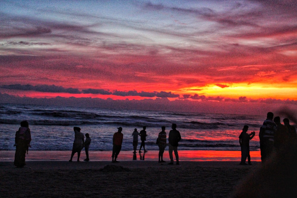 silhouette photography of people standing beside body of water