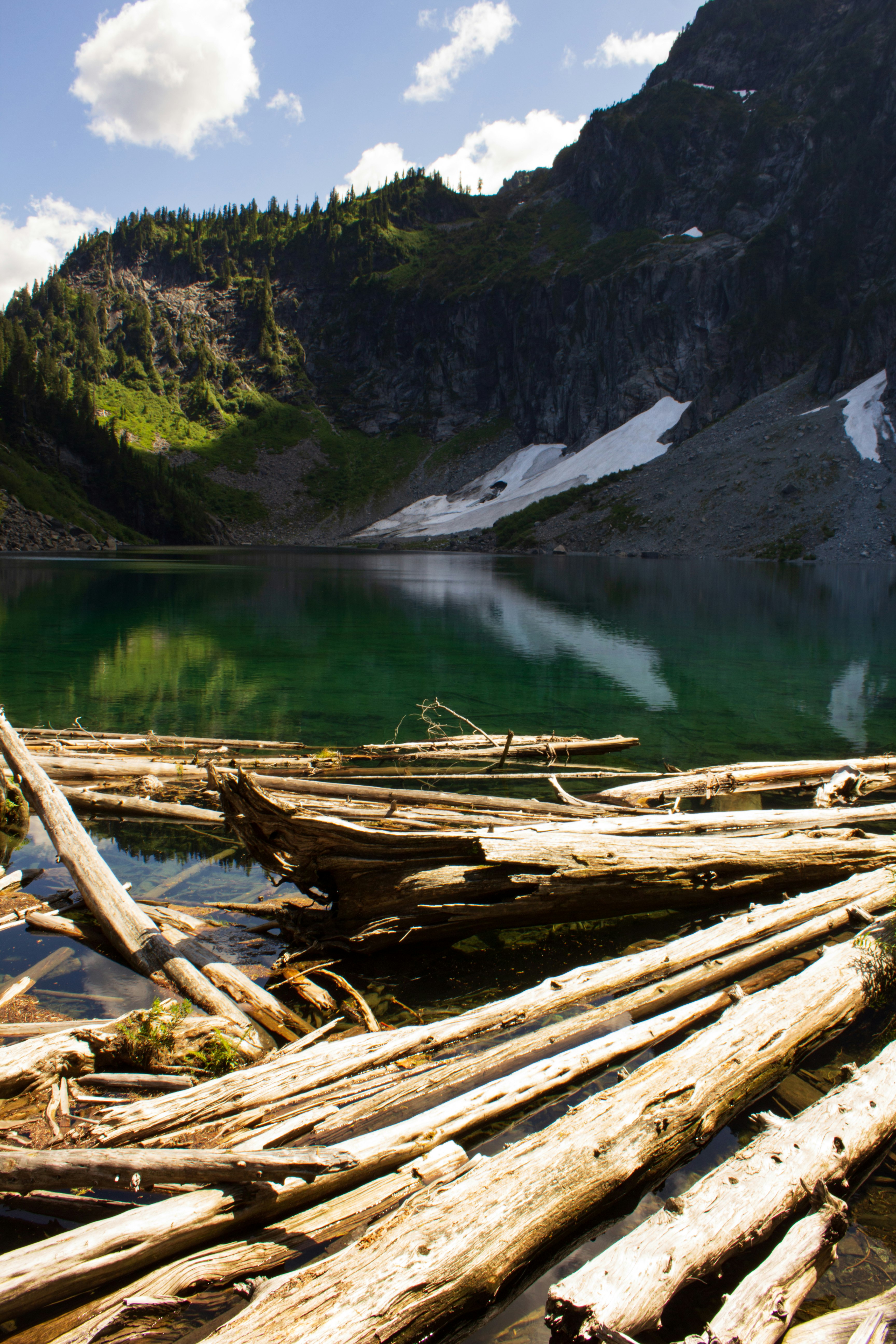 log lot in a body of water near mountain during daytime