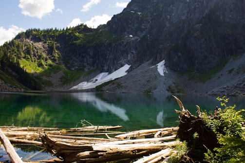 A serene mountain lake with clear, reflective water surrounded by cliffs and lush greenery. Snow patches are visible on the rocky slopes. Fallen logs rest on the shore, and the sky above is partly cloudy.