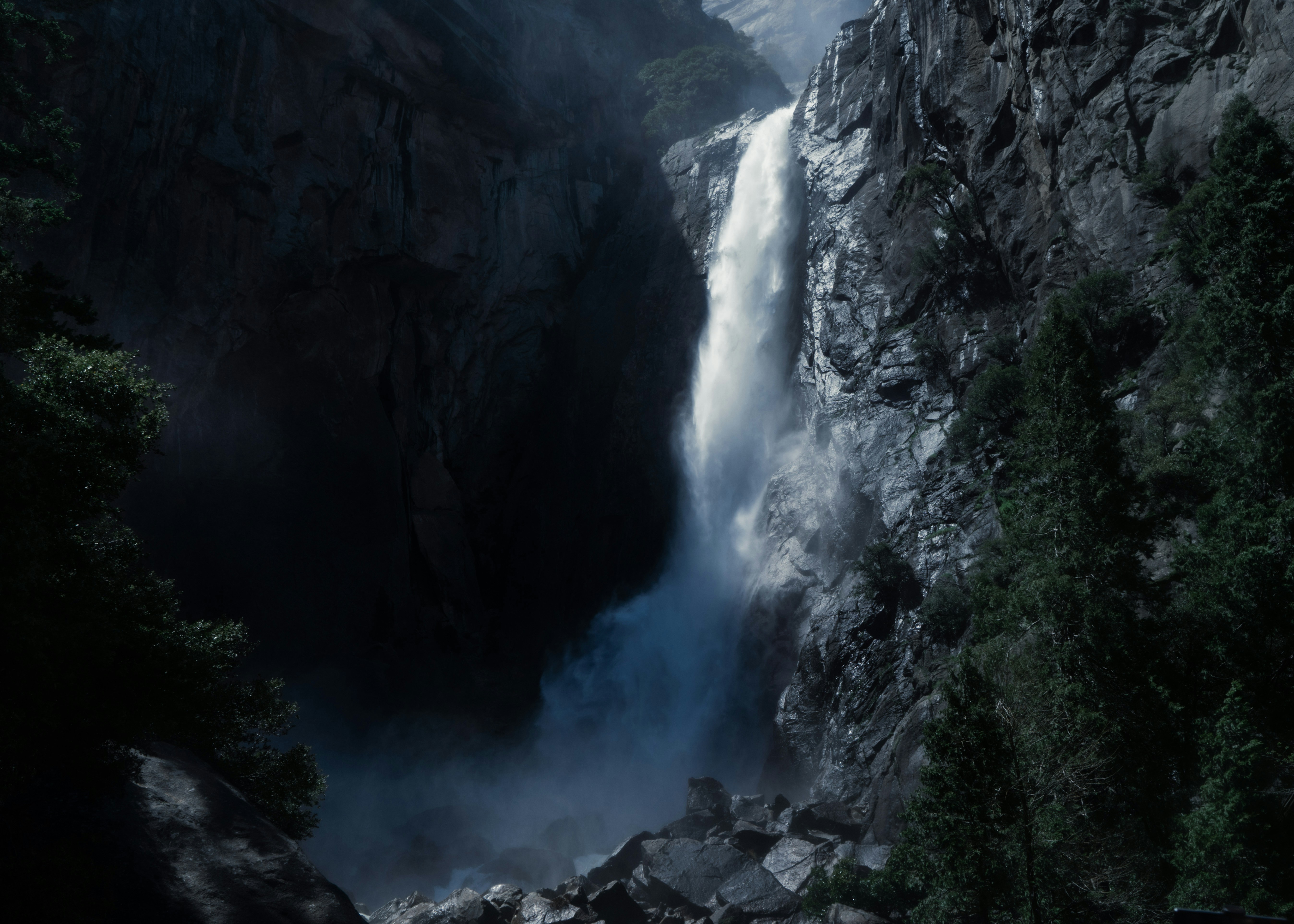 waterfalls during daytime, Yosemite Falls, at its fullest in June.