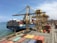 A large cargo ship docked at a busy port, surrounded by numerous colorful shipping containers stacked both on the ship and on the dock. Multiple large yellow cranes extend over the ship, used for loading and unloading the containers. The clear blue sky stretches over the calm sea, framing the industrial scene.