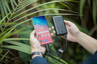 A person holding a smartphone and a black power bank connected by a cable. The background features lush green foliage, suggesting an outdoor setting. The phone screen displays various app icons.