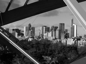 A sleek black and white photo of a modern city skyline at dusk, highlighting urban living.