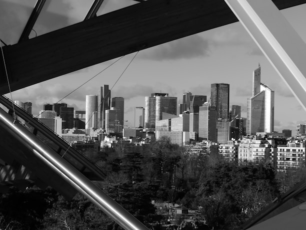A sleek black and white photo of a modern city skyline at dusk, highlighting urban living.