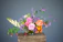 A vibrant bouquet of alstroemeria and rosas arranged elegantly in a rustic vase.