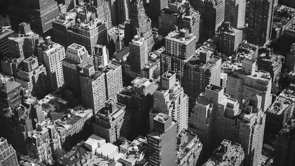 greyscale photo of buildings