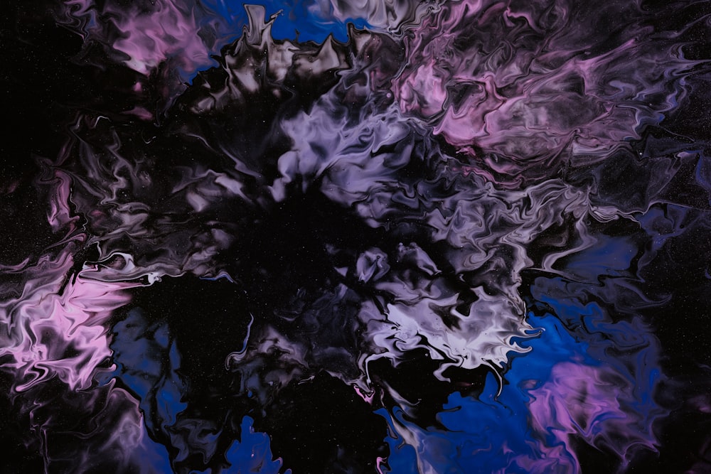 a black and purple abstract painting on a blue background