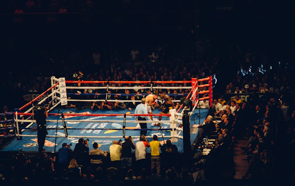 Action shot of referee signaling during an intense MMA match under bright arena lights.