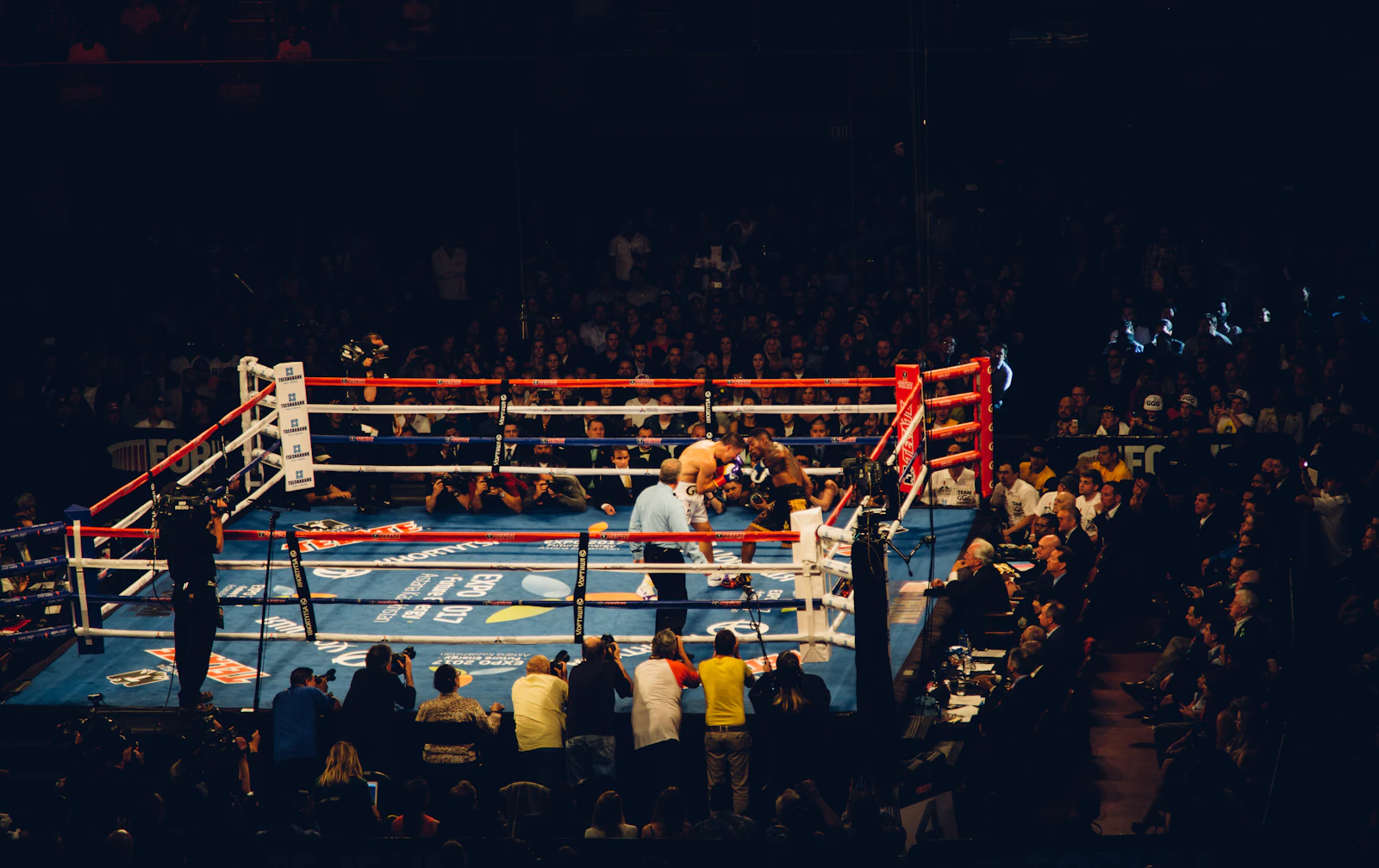 Fighters and coaches watching a bout ringside