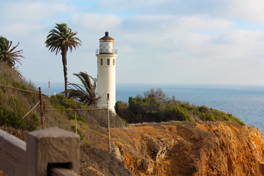 white and brown lighthouse on top of hill in beach