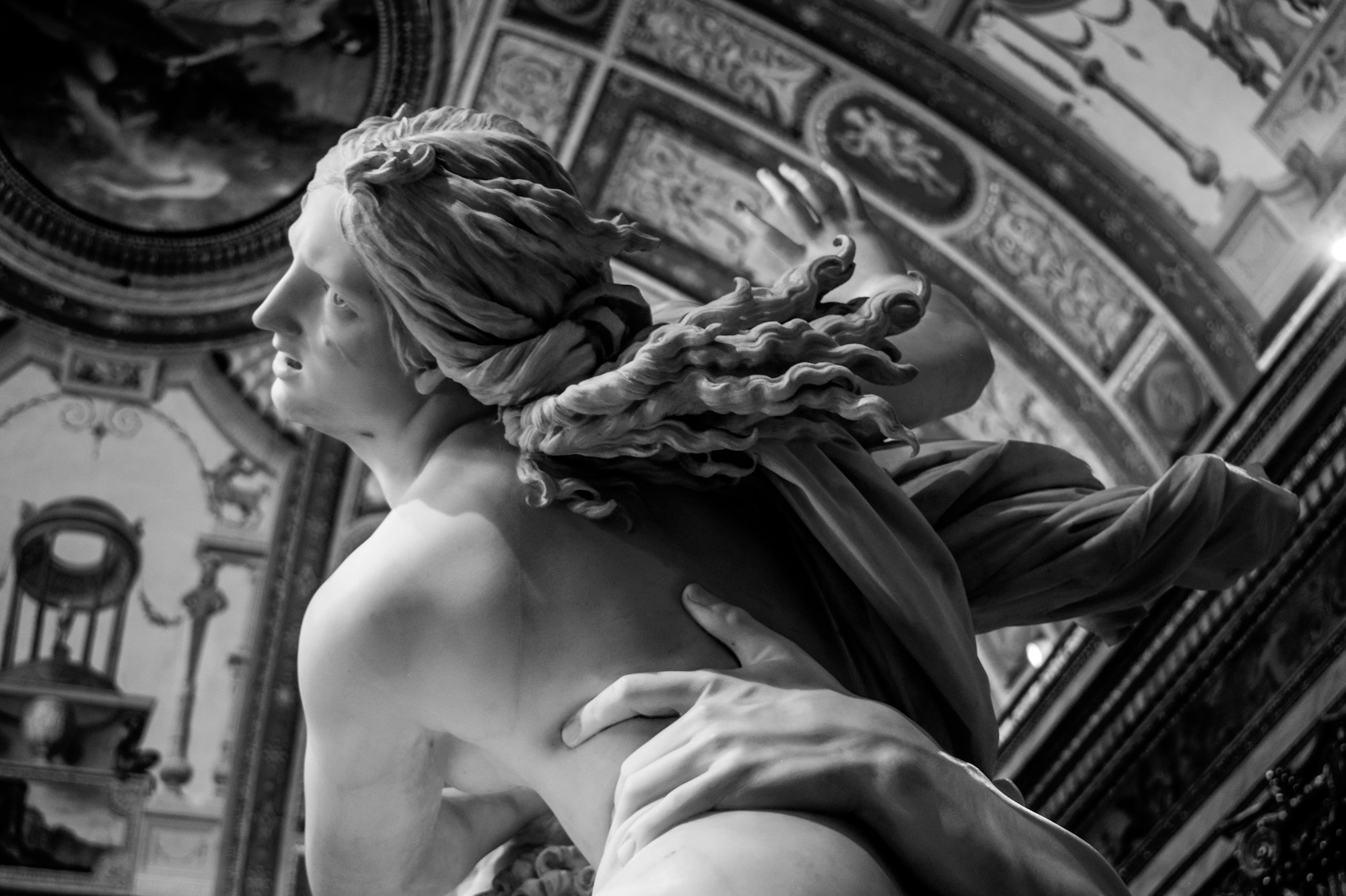 Prosperina was abducted by evil dark world god Hades, who was in love with her and knew her mother wouldn't give him her hand. He succeeded, brought her into the dark world, but Zeus made him return her back. Made by Gian Lorenzo Bernini in withe marble, when he was only 23 years old.