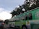 A large green trolley-style bus with multiple windows is seen on a city street. It bears signage promoting walking and biking safety, with a colorful design including images of people walking. A silver car is visible in the lane next to the bus, and there are traffic lights and trees in the background under a partly cloudy sky.