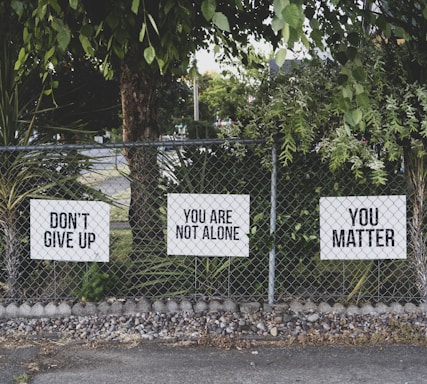 don't give up. You are not alone, you matter signage on metal fence