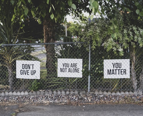 don't give up. You are not alone, you matter signage on metal fence