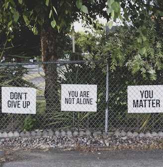 don't give up. You are not alone, you matter signage on metal fence