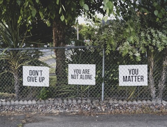 don't give up. You are not alone, you matter signage on metal fence