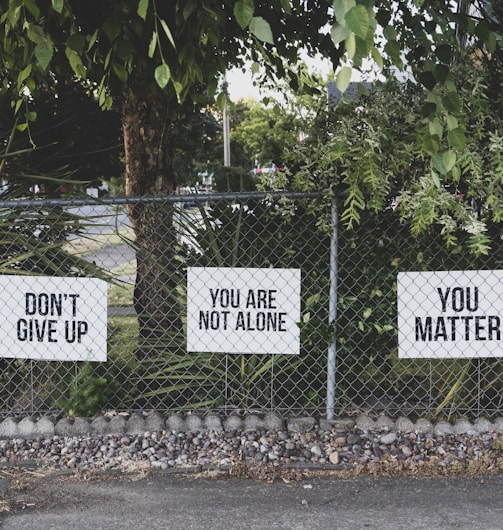 don't give up. You are not alone, you matter signage on metal fence