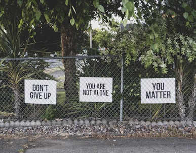 don't give up. You are not alone, you matter signage on metal fence