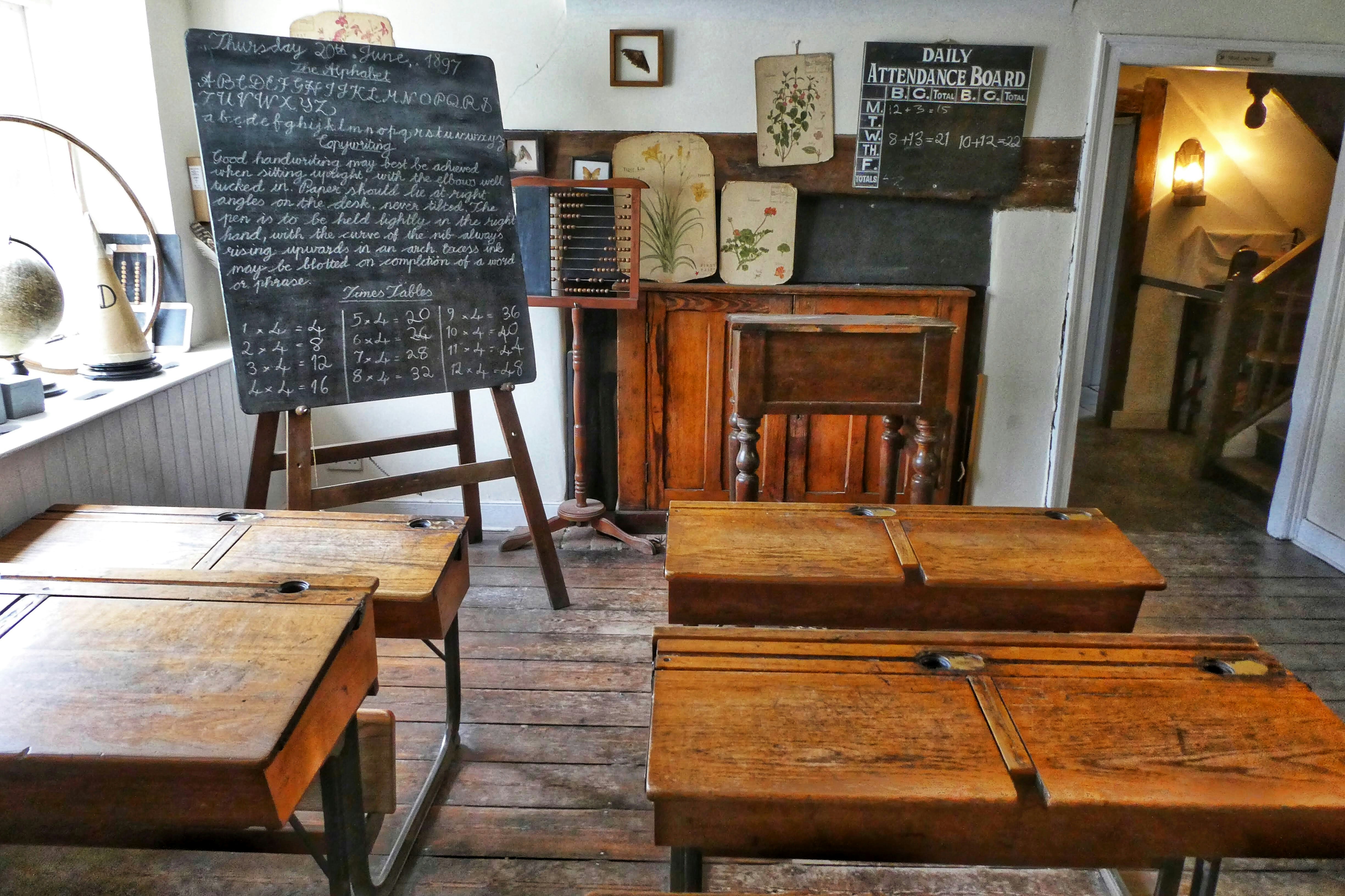 Times gone by a Back to School scene from the 20th Century. Blackboard and chalk.  The days before technology, when life was more simple, although school life much stricter. No calculators, we had to learn our times tables. This photo makes me feel fascinated.  