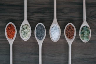 assorted-color spoons with spices