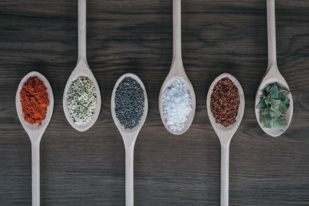 assorted-color spoons with spices