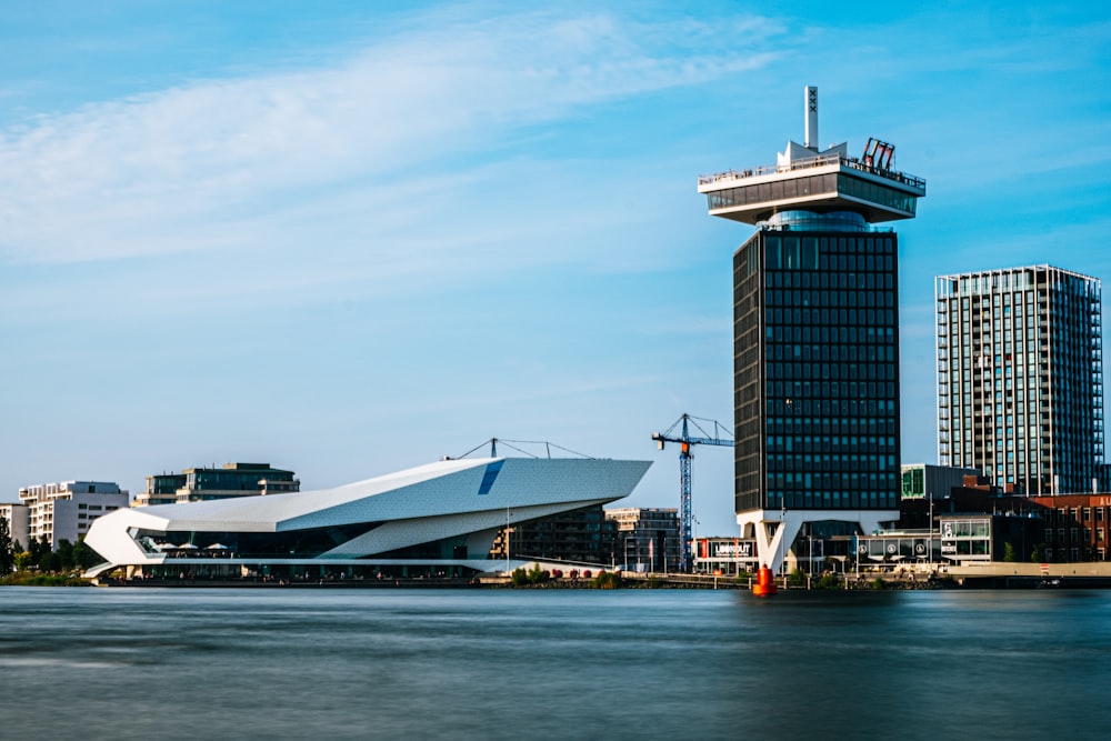 city with high-rise buildings viewing blue sea under blue and white skies