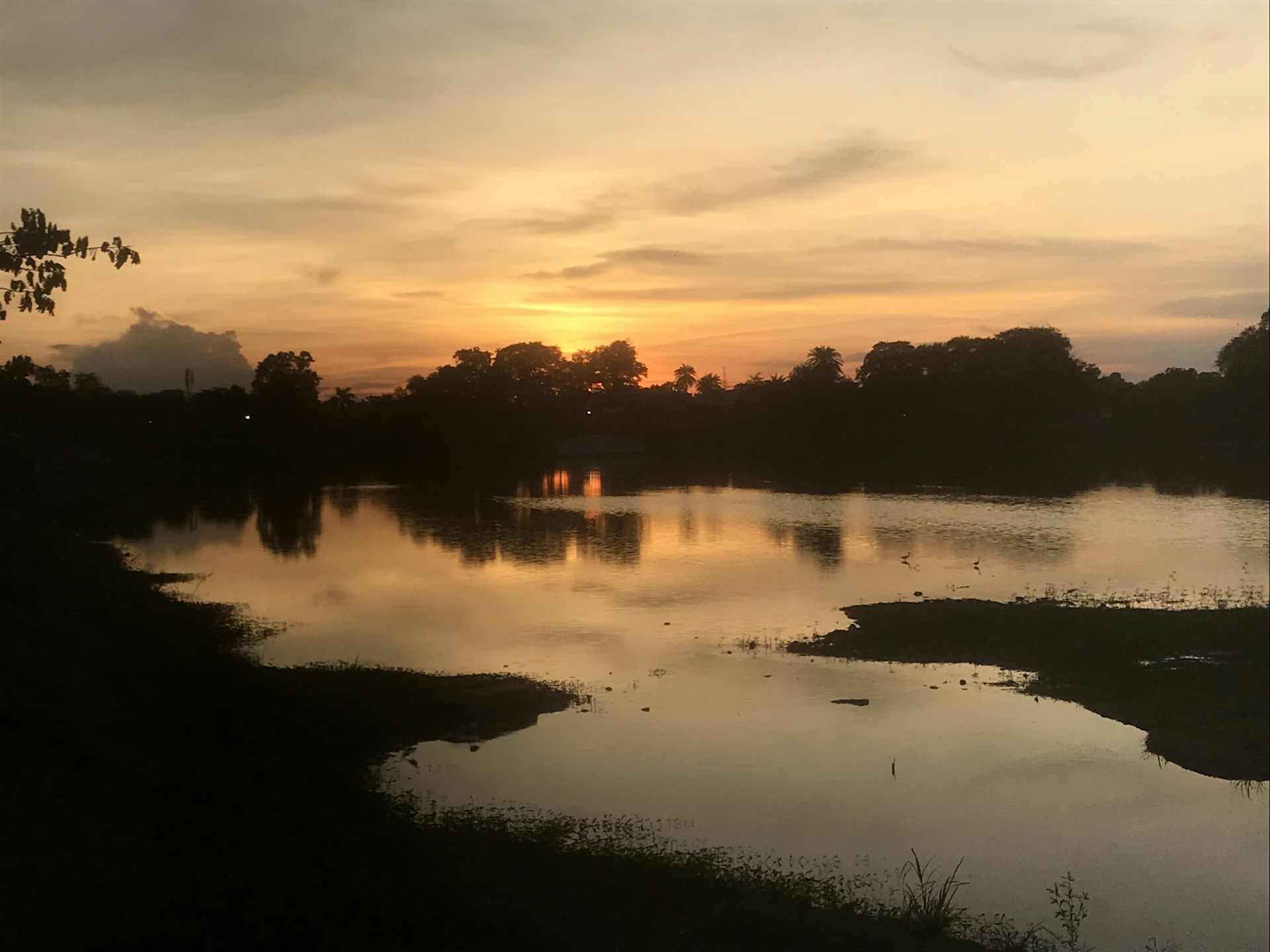 A serene sunset over a quiet lake, reflecting soft orange and pink hues.