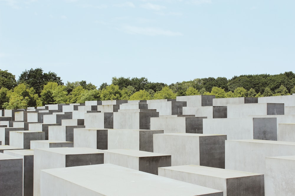 a large number of cement blocks in a field