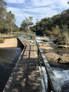 Hikers crossing a wooden bridge over a clear mountain stream surrounded by lush greenery.