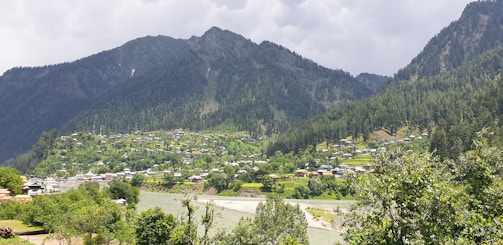 A lush green valley with scattered houses surrounded by forested hills and a river flowing through the landscape with mountains in the background under a cloudy sky.