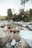 A group of shirtless men is enjoying a natural setting by a flowing river with large rocks and green foliage surrounding them. One man is standing in the water, while the others are preparing to jump or are sitting on the rocks. The scene conveys a sense of adventure and enjoyment in the outdoors.