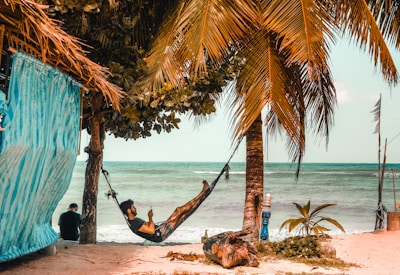 Couple relaxing on a hammock between palm trees by the ocean.