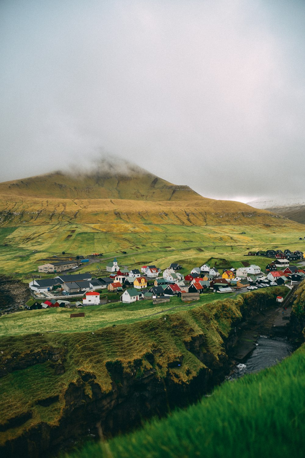 green hill near houses