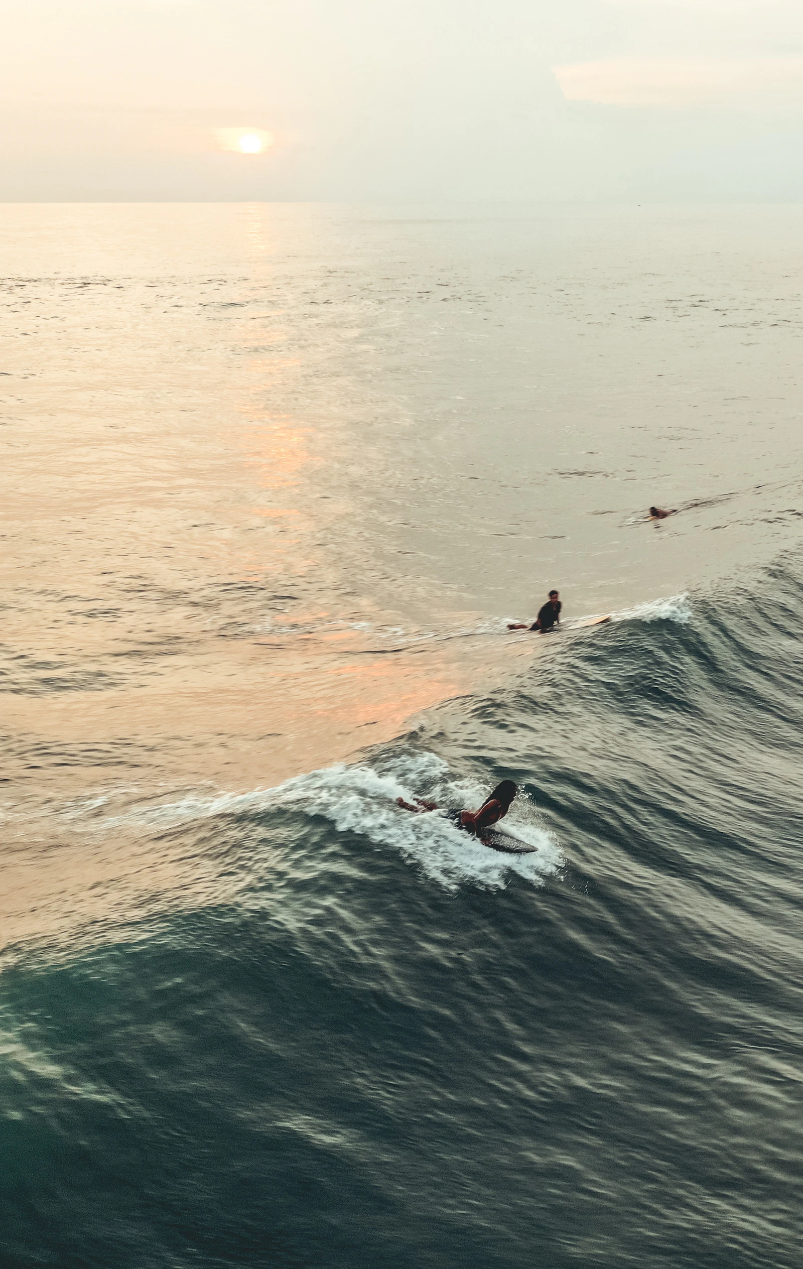 Surfer at sunset off Canggu beach, Bali