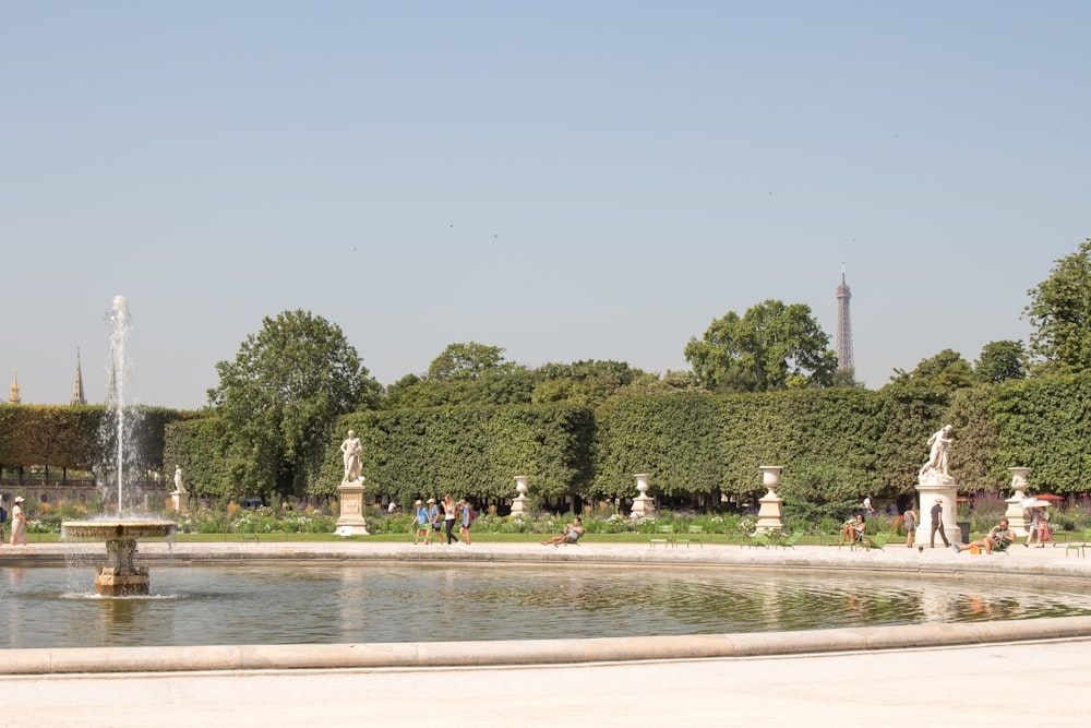 outdoor fountain across green plants