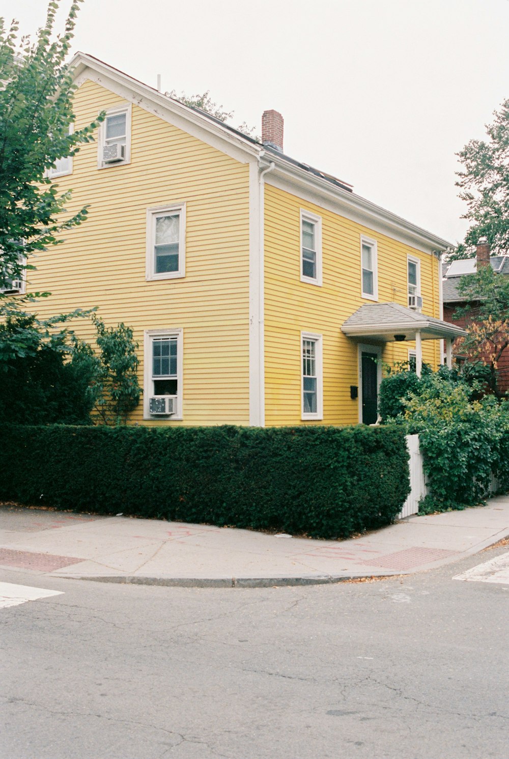 yellow building near green hedge