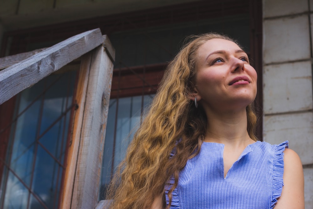 woman wearing blue top