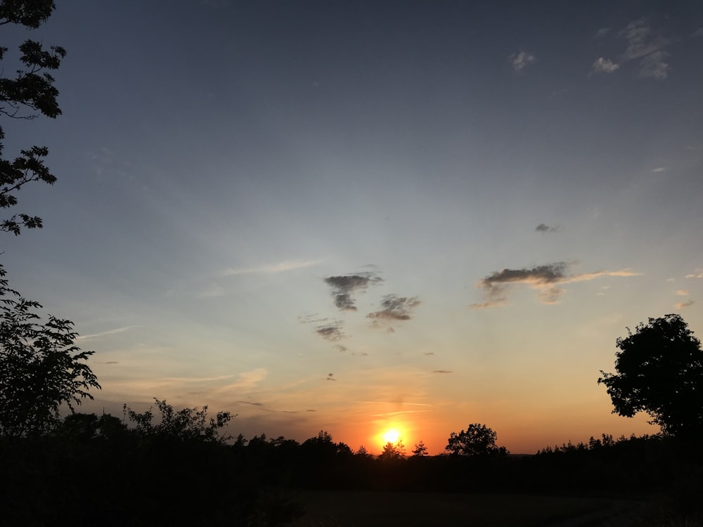 the sun is setting over a field with trees