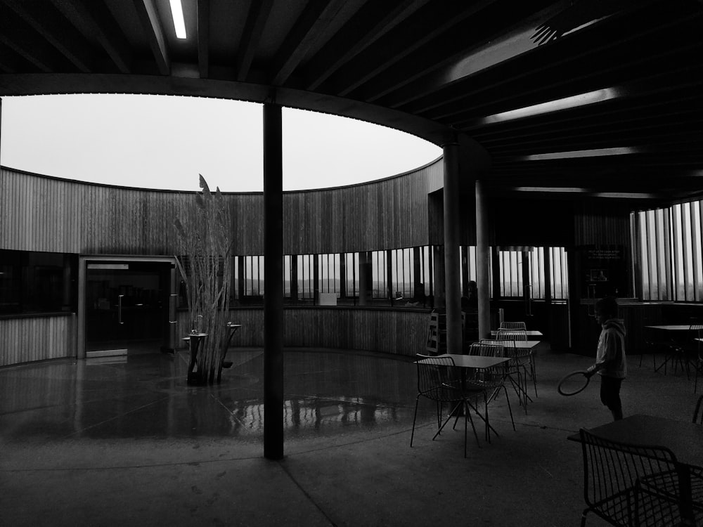 a black and white photo of a circular room