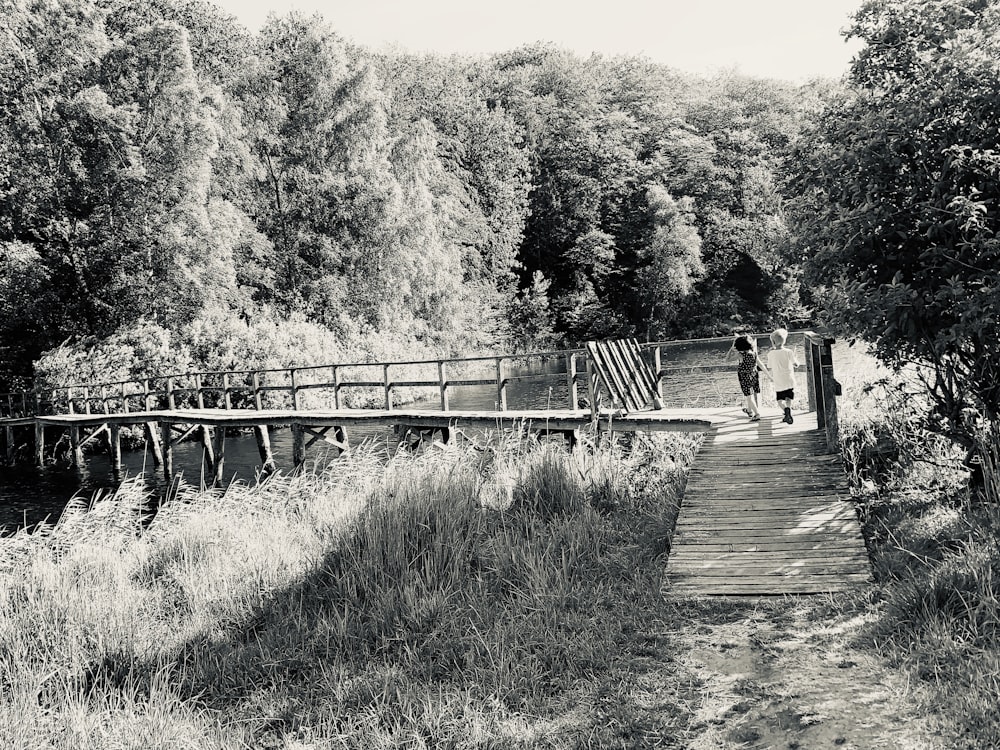 two boys walking on wooden bridge near trees