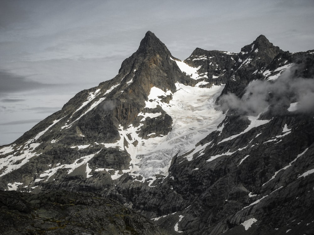 snow and rock covered mountain