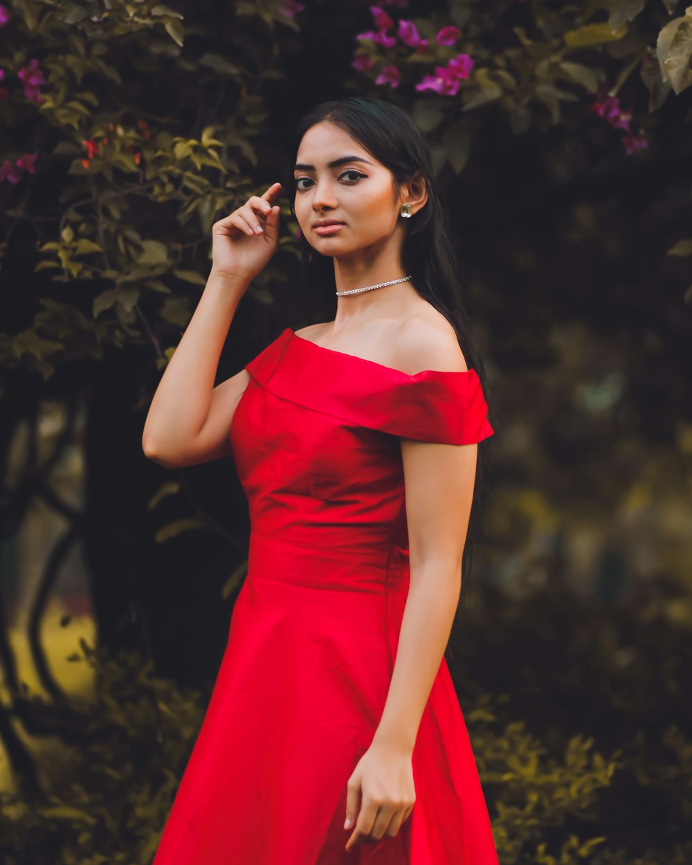 woman wearing red dress