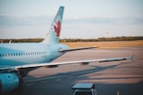 An airplane is parked on an airport tarmac with a wing prominently visible. The aircraft's tail features a distinctive logo of a red maple leaf on a blue and white background. The surrounding area is open with distant trees and a cloudy sky.