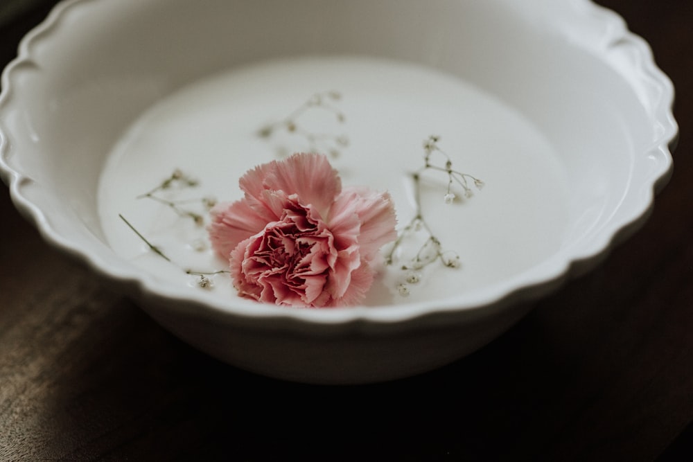 pink rose on white ceramic bowl