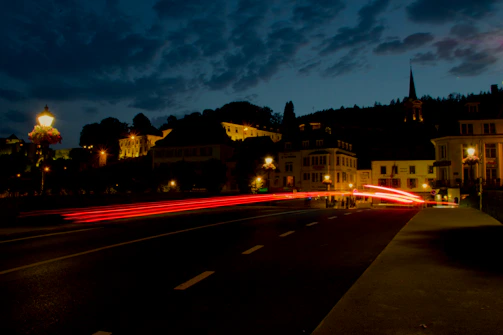 Evening shot of a small community lit up with internet connectivity, showing a blend of modern lights and classic architecture.