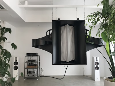 A modern living space featuring a large, abstract black sound system hanging from the ceiling. On the floor, there are two white standing speakers on either side, and a metal shelving unit housing electronic equipment. Potted plants with lush green leaves add a touch of nature to the minimalistic decor.
