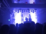 An atmospheric shot of a live electronic music set with crowd silhouettes and glowing visuals.